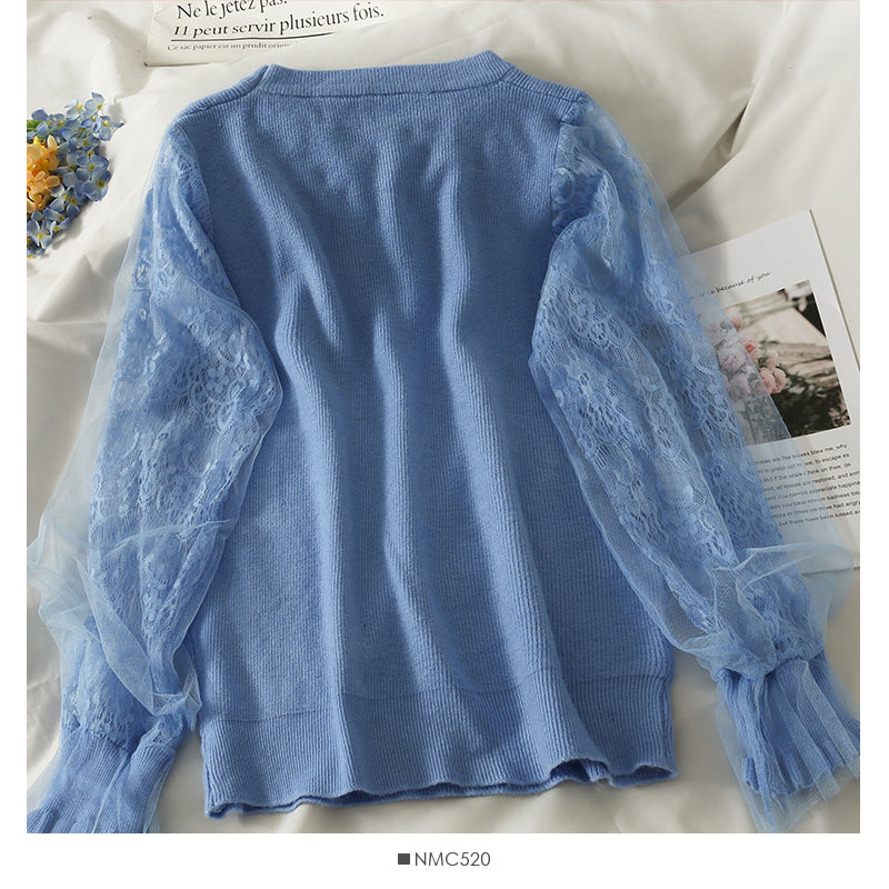 Mesh stitching loose and slim long sleeve Pullover Sweater  1817