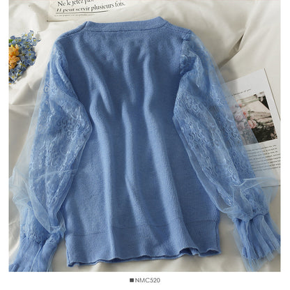 Mesh stitching loose and slim long sleeve Pullover Sweater  1817