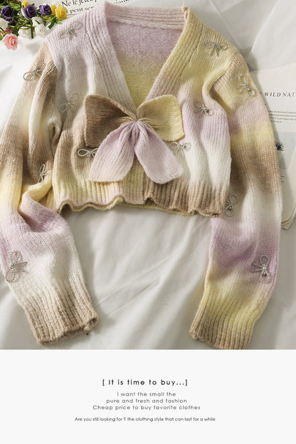 Sweet wind gradient color matching bow contrast short sweater  1783