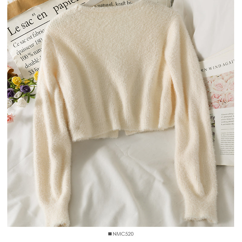 Plush short sweater with slim suspender vest inside  1749