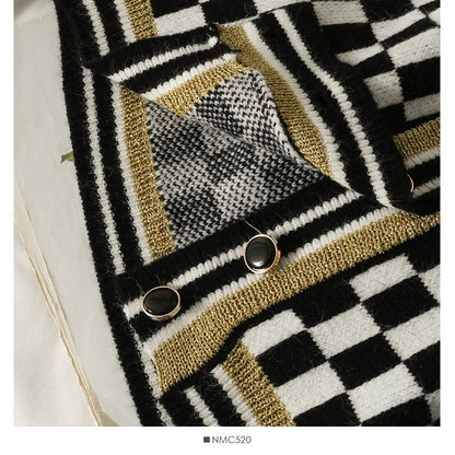 Plaid three button low neck cardigan women's sweater  1845