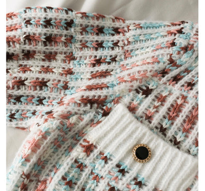 Loose crew-neck knit, striped single-breasted cardigan long-sleeved top  1445