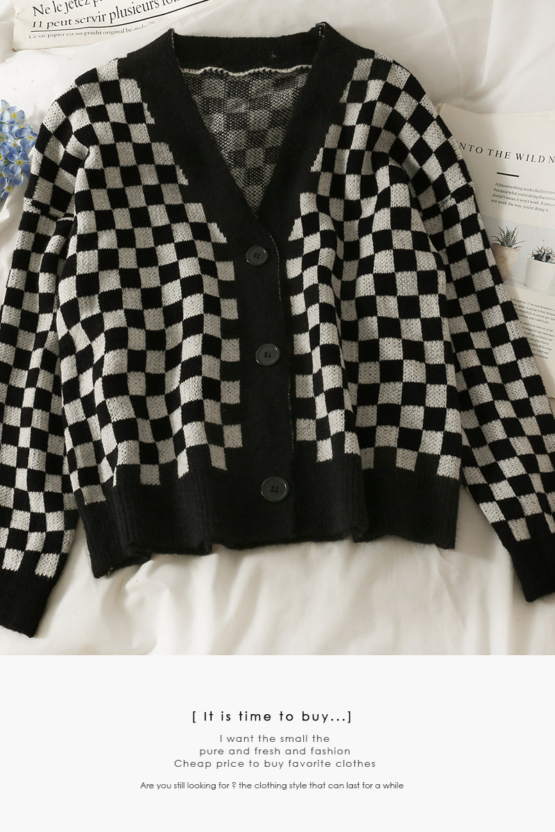 Single breasted cardigan plaid sweater women's sweater  1789