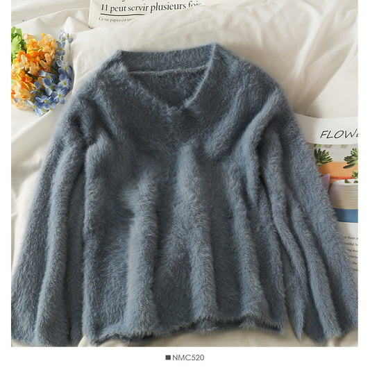 Plush loose thin V-Neck Sweater Korean versatile long sleeve Pullover Top  1995