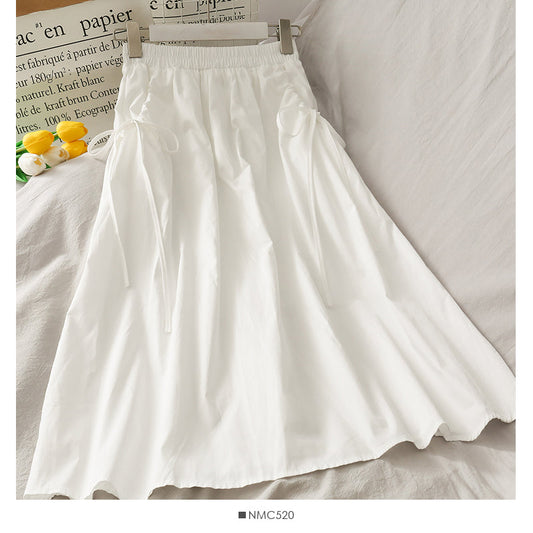 Elastic waist and thin two layers of solid color medium length A-line skirt for women  2589