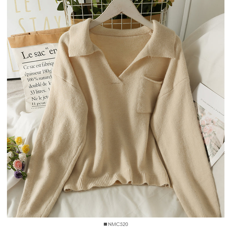 Sweet wind candy color Lapel slim fit Pullover knit  1848