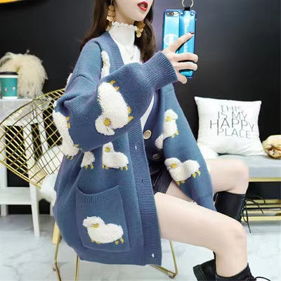Languid lazy wind sweater , loose sweater of spring and autumn, lovely sheep embroidery cardigan  1459