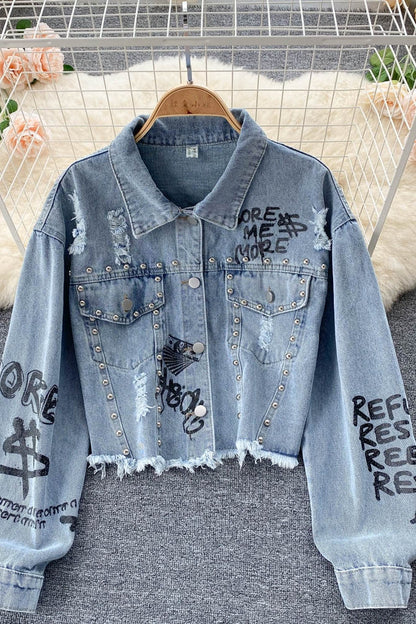 Denim Jacket Women's pierced burr jacket  1520