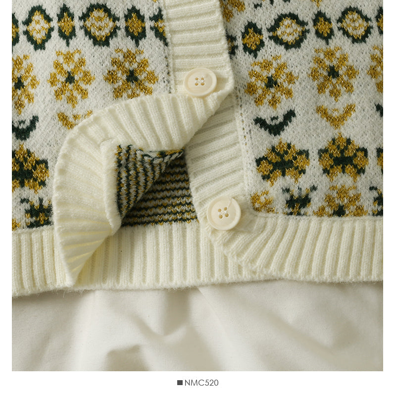 Sweater women's Vintage printed low neck single breasted cardigan top  1836