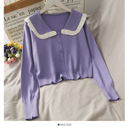 College style white border doll collar single breasted cardigan top  1806