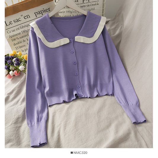 College style white border doll collar single breasted cardigan top  1806