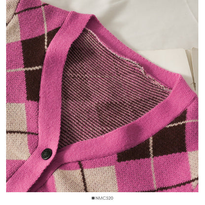 Diamond check single breasted V-Neck Sweater for women  1778