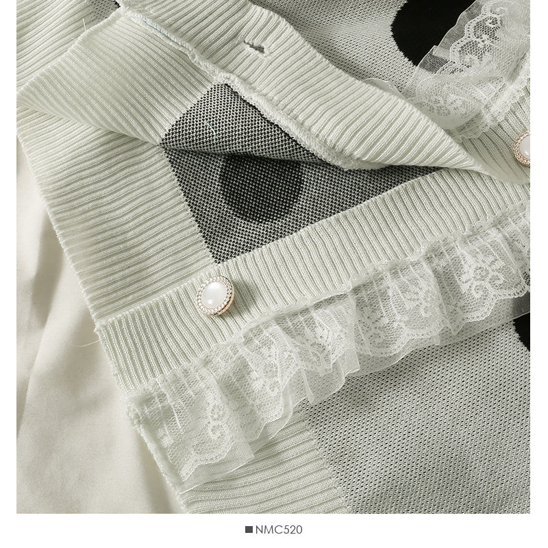 Mesh stitched large wave point low neck two button sweater female  1905