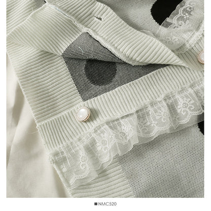 Mesh stitched large wave point low neck two button sweater female  1905