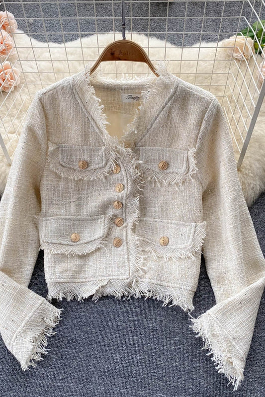 Vintage small fragrance tweed coat V-neck coat  1556