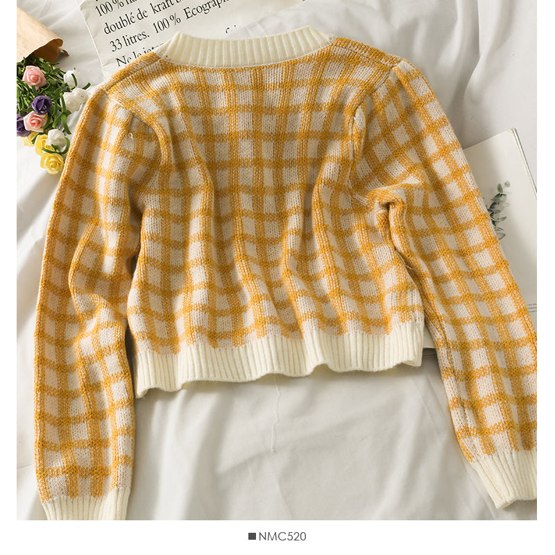 Korean retro color block check short loose knit women's shirt  1815