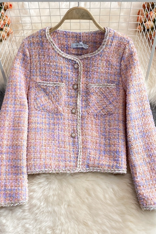 Tweed temperament top short pink coat female  1665