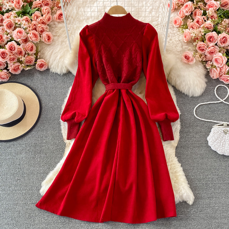 Fake two piece long sleeve knitted stitched corduroy A-line dress  3365
