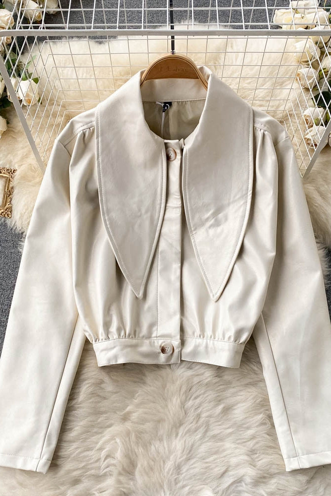 Women's Scarf Collar long sleeve single car leather coat  1510