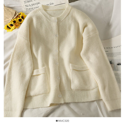 Large pocket round neck long sleeve cardigan sweater loose and thin breasted sweater  1978