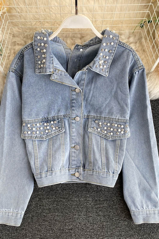 Denim coat women's heavy industry Beaded coat  1535