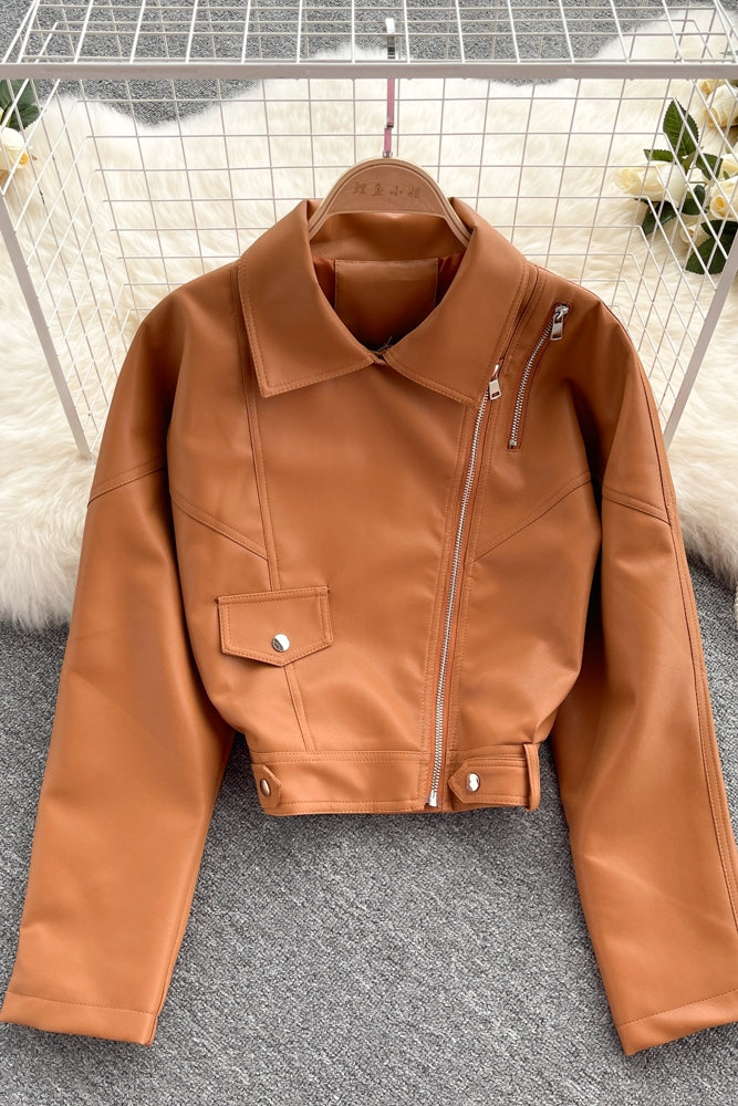 Leather women's slim and versatile Motorcycle Jacket  1559