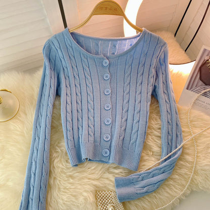 French retro single breasted twist wool sweater long sleeve knitting  1590