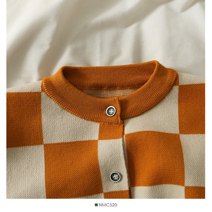 Color contrast check Crew Neck Long Sleeve loose sweater women's new single breasted cardigan sweater  1967