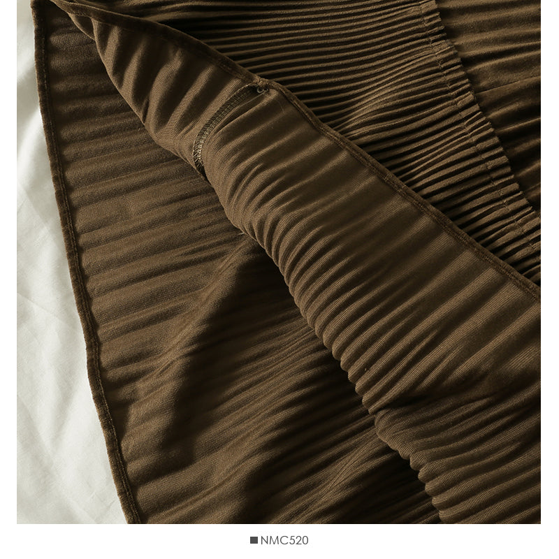 Retro loose slim stitching medium length organ pleated A-line skirt  2571