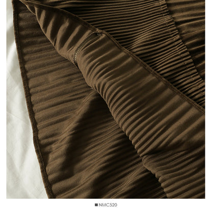 Retro loose slim stitching medium length organ pleated A-line skirt  2571