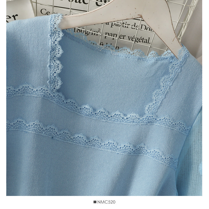 Small short square neck open collarbone wavy edge sweater  1936