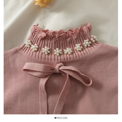 Sweet wind nail bead bow tie high neck Pullover Top  1822