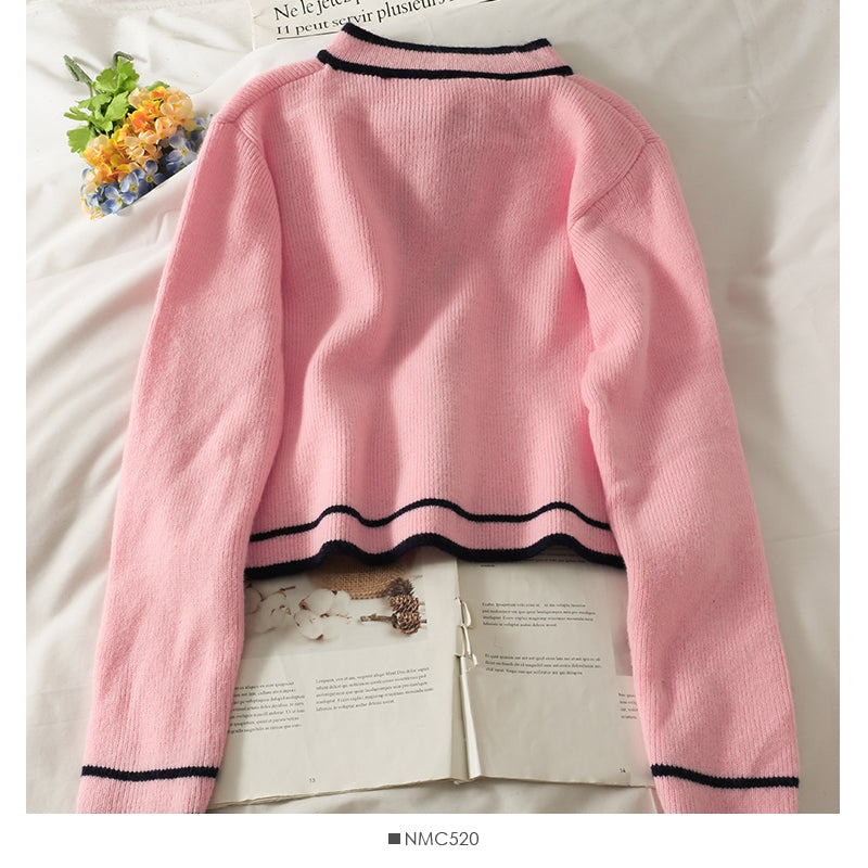 Korean stripe stand collar single breasted cardigan sweater female  1802