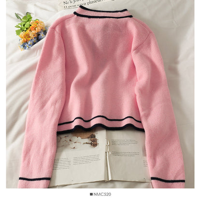 Korean stripe stand collar single breasted cardigan sweater female  1802