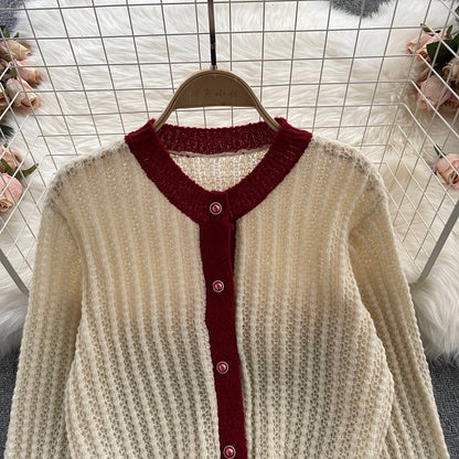 Vintage lazy sweater, single-breasted, loose, versatile, long-sleeve cardigan  1387