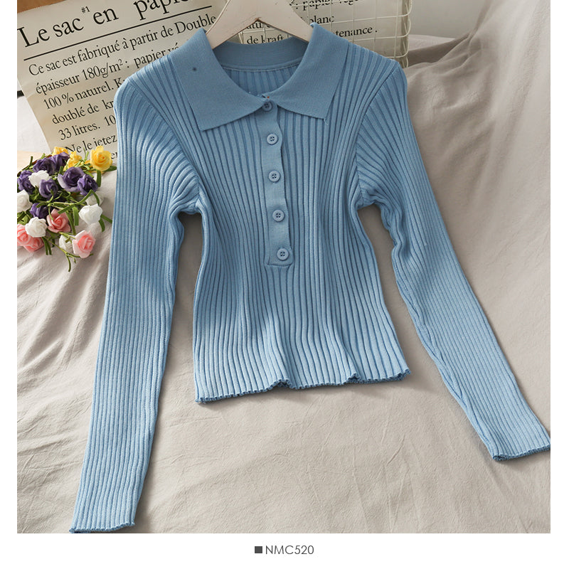 Korean solid color versatile breasted Lapel tight knit women's shirt  1842