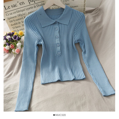 Korean solid color versatile breasted Lapel tight knit women's shirt  1842