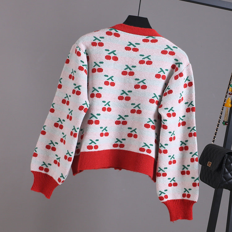 V-neck short knit jacket, cherry jacquard cardigan  1405