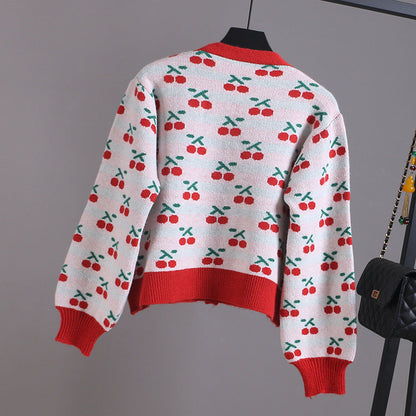 V-neck short knit jacket, cherry jacquard cardigan  1405