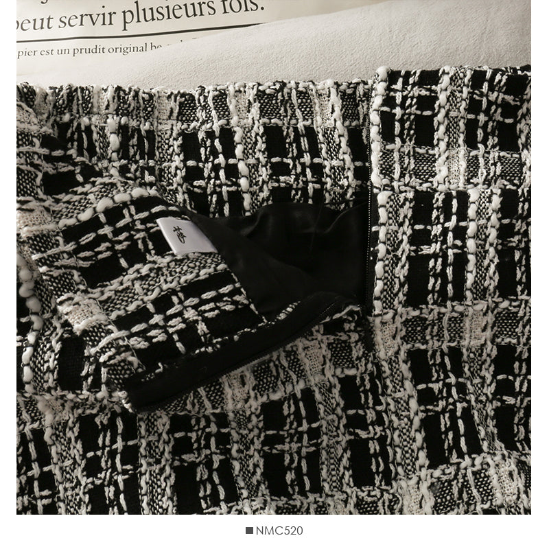 Short open navel bubble long sleeve top Plaid high waist skirt  2518