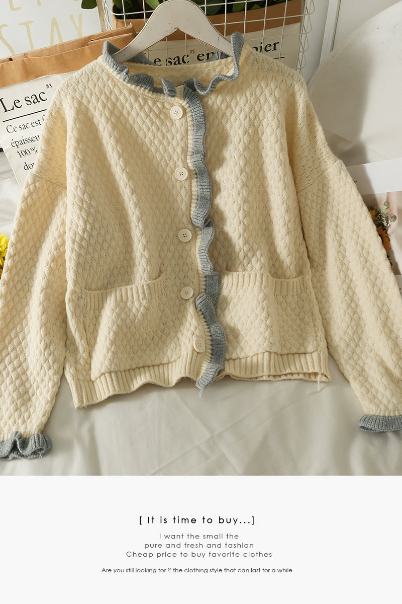 Hong Kong style retro color matching agaric edge single breasted cardigan sweater  1707
