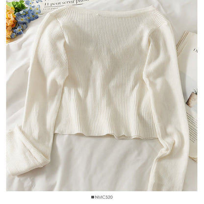 Long sleeve single breasted top women's new short versatile slim knit  1973