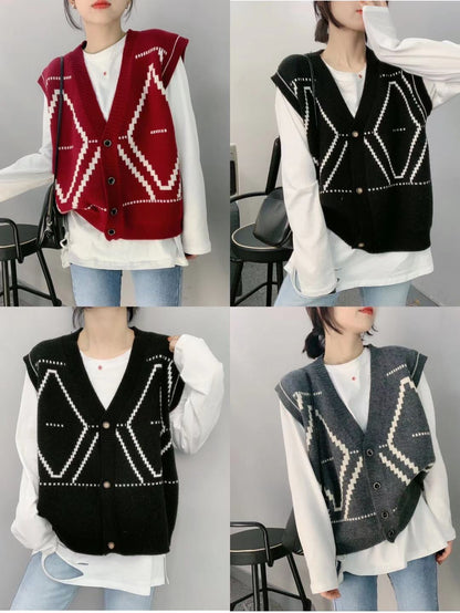 Black and white diamond lattice, single breasted cardigan, vest sleeveless vest, sweater knitted vest  1398