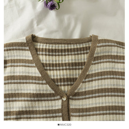 Striped single breasted V-neck cardigan thin top women  1892