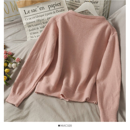 Sweet wind pearl single breasted crew neck cardigan sweater  1718