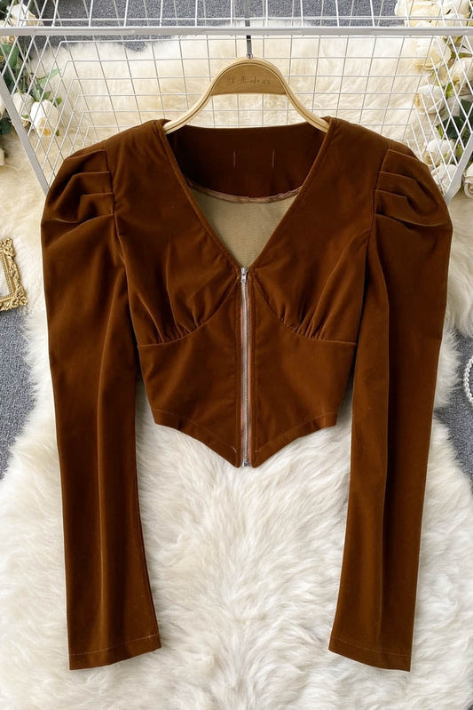 French retro velvet niche V-neck zipper bubble sleeve  1557