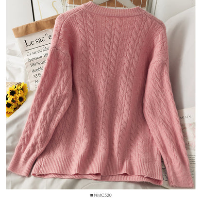 Sweater women's solid color ox horn button round neck sweater  1825