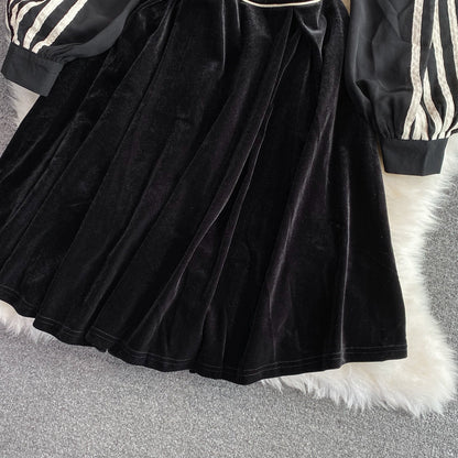 Quality waist stripe long sleeve fake two piece velvet dress  3229