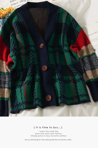 Hong Kong Style checkered single breasted cardigan sweater  1795