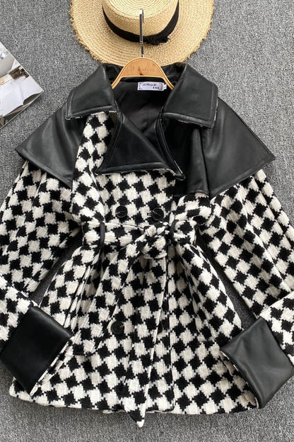 Diamond stitching contrast coat women's waist lace up design feeling high waist and thin  1487